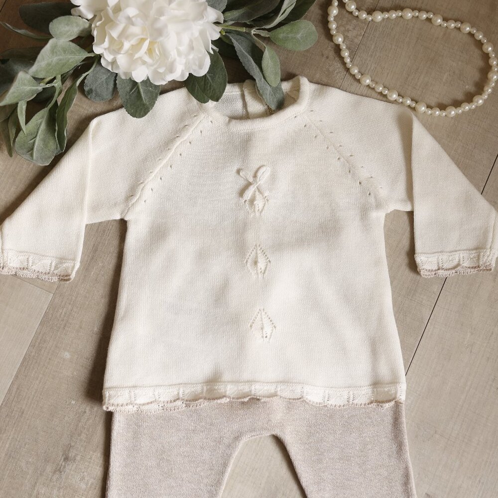 Cotton Sweater Knit Scalloped Pant Set Ivory/Creme Khaki/Tan Argyle Boutique NWT